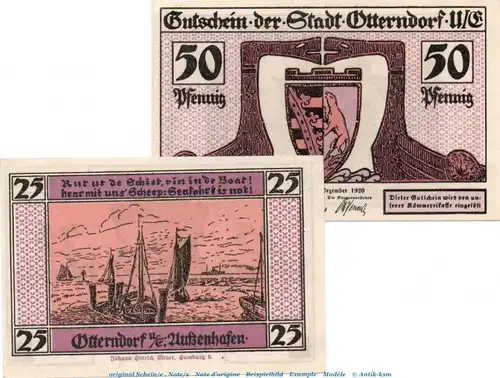 Notgeld Stadt Otterndorf a. Elbe 1039.3 , Set mit 2 Scheinen in kfr. 12.1920 , Niedersachsen Seriennotgeld