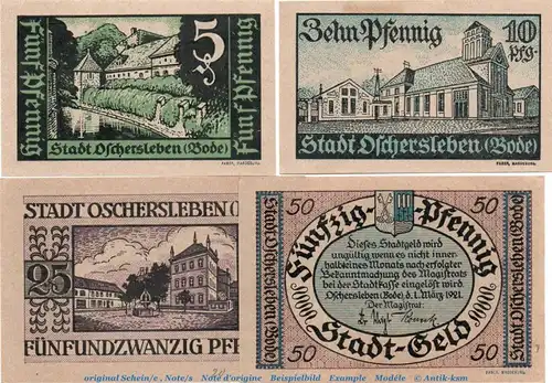 Notgeld Stadt Oschersleben 1028.3 , Set mit 4 Scheinen in kfr. von 1921 , Sachsen Anhalt Seriennotgeld