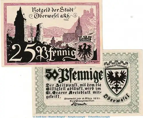Notgeld Stadt Oberwesel 1004.1-2 , Set mit 2 Scheinen in kfr. von 1921 , Rheinland Seriennotgeld