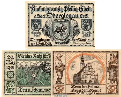 Notgeld Stadt Oberglogau 994.1 , Set mit 3 Scheinen in kfr. von 1921 , Schlesien Seriennotgeld