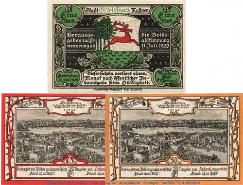 Notgeld Stadt Ortelsburg 1027.1 , Set mit 3 Scheinen in kfr. von 1921 , Ostpreussen Seriennotgeld