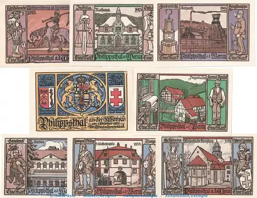 Notgeld Gemeinde Philippsthal 1058.1 , Set mit 8 Scheinen in kfr. von 1921 , Hessen Seriennotgeld