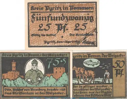 Notgeld Kreisbank Pyritz 1082.2 , Set mit 3 Scheinen in kfr. von 1921 , Pommern Seriennotgeld