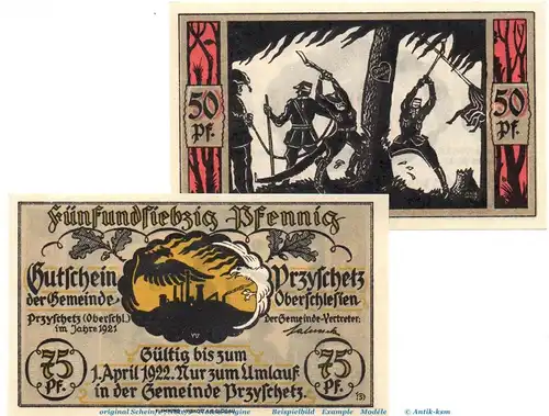 Notgeld Gemeinde Przyschetz 1080.2 , Set mit 2 Scheinen in kfr. o.D. , Schlesien Seriennotgeld