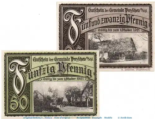 Notgeld Gemeinde Przyschetz 1080.1 , Set mit 2 Scheinen in kfr. o.D. Schlesien Seriennotgeld