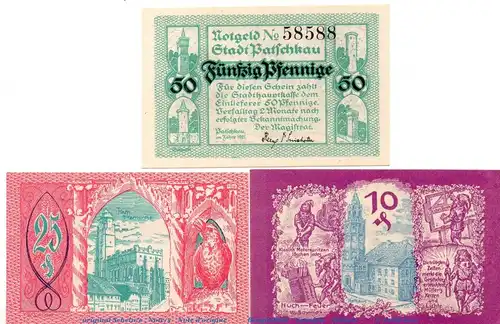 Notgeld Stadt Patschkau 1052.1 , Set mit 3 Scheinen in kfr. o.D. Schlesien  Seriennotgeld