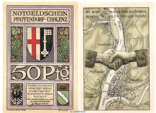 Notgeld Pfaffendorf bei Coblenz 1057.1 , Set mit 2 Scheinen in kfr. von 1921 , Rheinland Pfalz Seriennotgeld