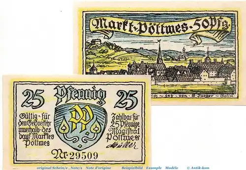 Notgeld Markt Pöttmes 1067.1 , Set mit 2 Scheinen in kfr. von 1921 , Bayern Seriennotgeld