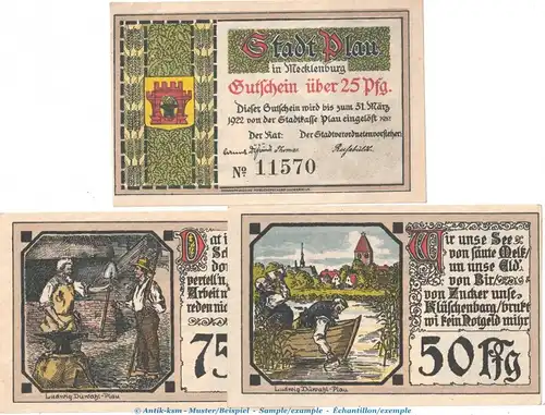 Notgeld Stadt Plau 1061.1 , Set mit 3 Scheinen in kfr. o.D. Mecklenburg Vorpommern Seriennotgeld