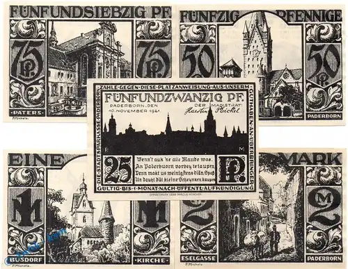 Notgeld Paderborn , Set mit 5 Scheinen in kfr. mit Wz , Mehl Grabowski 1043.4 , von 1921 , Nordrhein Westfalen Seriennotgeld