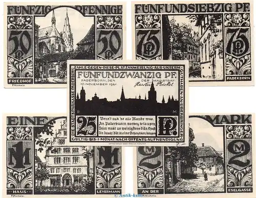 Notgeld Stadt Paderborn 1043.6 , Set mit 5 Scheinen in kfr. von 1921 , Westfalen Seriennotgeld