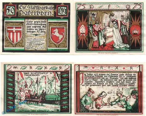 Notgeld Paderborn , Set mit 4 Scheinen in kfr. Historische Begebenheiten , Mehl Grabowski 1043.2 , von 1921 , Westfalen Seriennotgeld