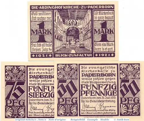 Notgeld Paderborn , Kirchenkasse Set mit 3 Scheinen in kfr. Mehl Grabowski 1042.1 , von 1921 , Westfalen Seriennotgeld