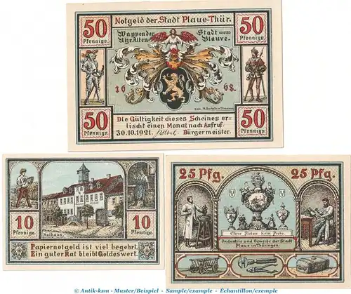Notgeld Stadt Plaue 1062.1 , Set mit 3 Scheinen in kfr. von 1921 , Thüringen Seriennotgeld