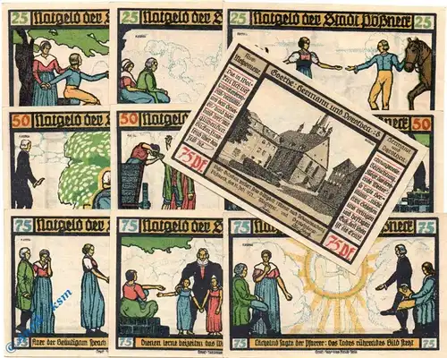 Notgeld Pößneck , Set mit 10 Scheinen , hellblau , Mehl Grabowski 1066.3 , von 1921 , Thüringen Seriennotgeld