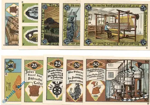 Notgeld Pößneck , Industrieserie , Set mit 10 Scheinen kfr , Mehl Grabowski 1066.6 , von 1921 , Thüringen Serien Notgeld