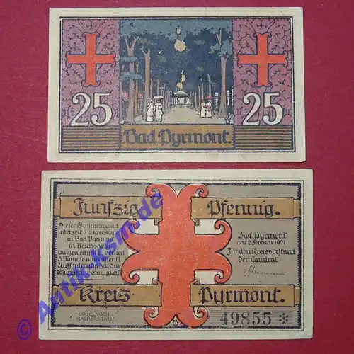 Notgeld Kreis Pyrmont , Niedersachsen , vollständiger Satz mit 2 Scheinen in kassenfrischer Erhaltung , Seriennotgeld , 1085.1 , von 1921