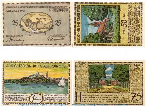 Notgeld Stadt Plön 1064.1 , Satz mit 4 Scheinen in kfr. von 1921 , Schleswig Holstein Seriennotgeld