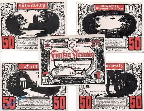 Notgeld Plön , Satz mit 5 Scheinen rot in kfr. Mehl Grabowski 1063.1 , von 1921 , Schleswig Holstein Seriennotgeld