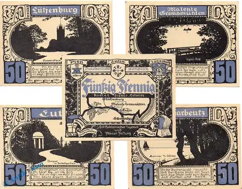 Notgeld Plön , Set mit 5 Scheinen schwarz blau in kfr. Mehl Grabowski 1063.7 , von 1921 , Schleswig Holstein Seriennotgeld