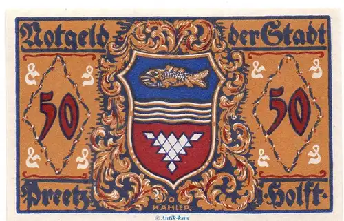 Notgeld Stadt Preetz 1071.2 , 50 Pfennig Schein in kfr. von 1921 , Schleswig Holstein Seriennotgeld
