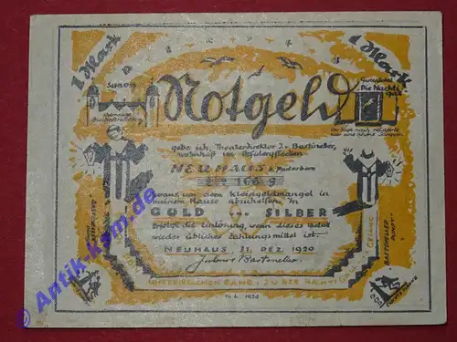 Neuhaus , Notgeld 1 Mark -Vers orange- in kfr. M-G 944.1 , Westfalen 1920 Seriennotgeld