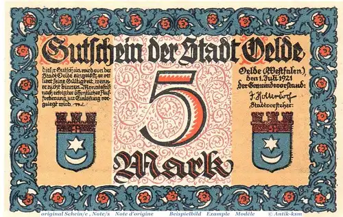 Notgeld Oelde , 5 Mark Schein in kfr. Mehl Grabowski 1007.2 , von 1921 , Westfalen Seriennotgeld