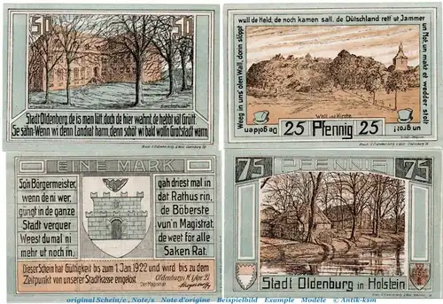 Notgeld Stadt Oldenburg 1015.3 , Set mit 4 Scheinen in kfr. von 1921 , Schleswig Holstein Seriennotgeld