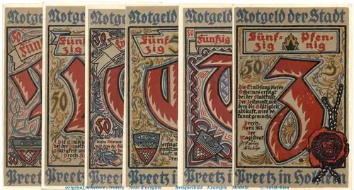 Notgeld Stadt Preetz 1071.3 , Set mit 6 Scheinen in kfr. von 1921 , Schleswig Holstein Seriennotgeld
