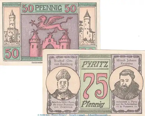 Notgeld Stadt Pyritz 1083.2 , Set mit 2 Scheinen in kfr. von 1921 , Pommern Seriennotgeld