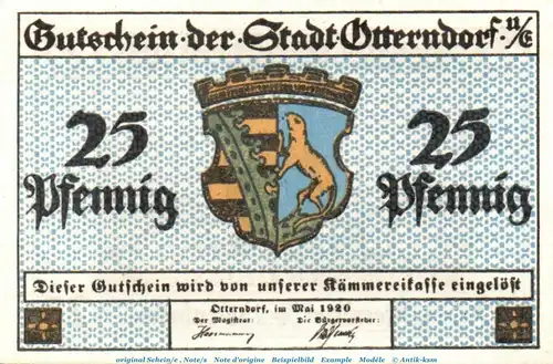 Notgeld Stadt Otterndorf a. Elbe 1039.1 , 25 Pfennig Schein in kfr. , 05.1920 , Niedersachsen Seriennotgeld