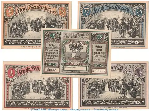 Notgeld Sparkasse Neusalz 960.1.b , Set mit 5 Scheinen in kfr. o.D. Schlesien Seriennotgeld