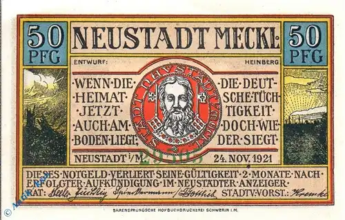 Notgeld Neustadt , 50 Pfennig , Kennummer unten , Mehl Grabowski 962.1 C , von 1921 , Mecklenburg Vorpommern Seriennotgeld