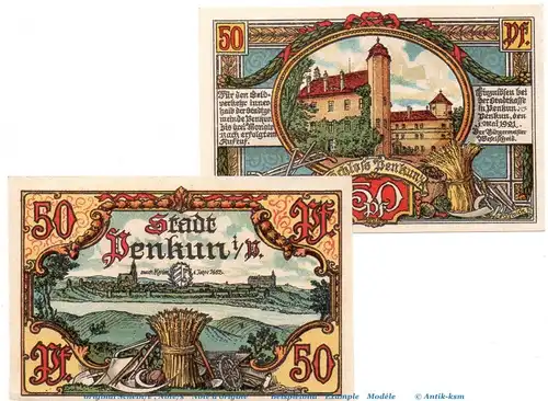 Notgeld Stadt Penkun 1054.1 , Set mit 2 Scheinen in kfr. von 1921 ,  Mecklenburg Vorpommern