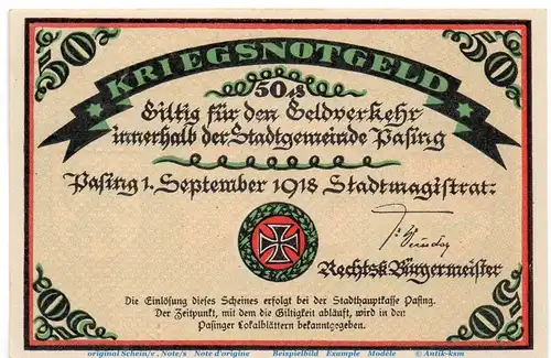 Notgeld Stadt Pasing 1050.1.g , 50 Pfennig o. Druckfirma und o. Kn. in kfr. von 1918 ,  Bayern Seriennotgeld