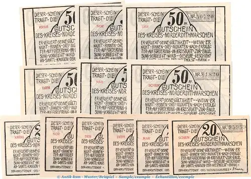Notgeld Norder Dithmarschen 983.4.a , Set mit 12 Scheinen in kfr. von 1921 , Schleswig Holstein Seriennotgeld