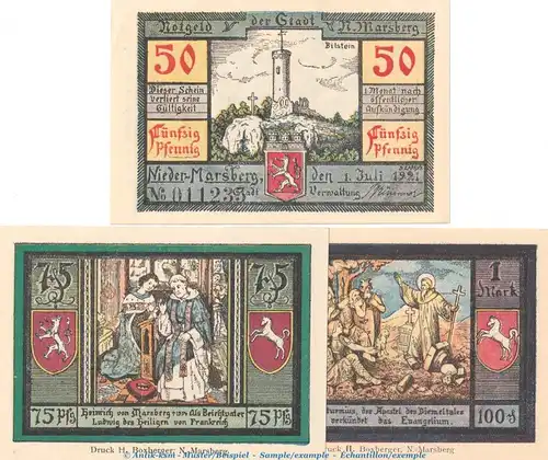 Notgeld Nieder Marsberg 971.2 , Set mit 3 Scheinen in kfr. von 1921 , Westfalen Seriennotgeld