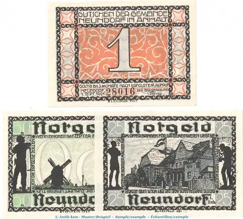 Notgeld Gemeinde Neundorf 955.1.a , Set mit 3 Scheinen in kfr. von 1921 , Sachen Anhalt Seriennotgeld