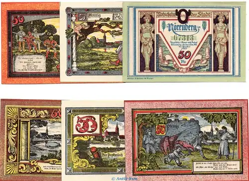 Notgeld Stadt Nörenberg 979.47.b , Set mit 6 Scheinen in kfr. von 1921 , Pommern Seriennotgeld