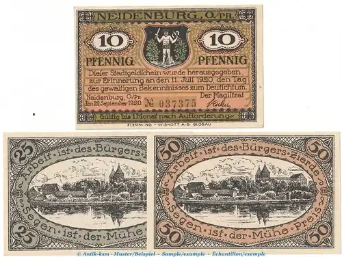 Notgeld Stadt Neidenburg 932.1 , Set mit 3 Scheinen in kfr. von 1920 , Ostpreussen Seriennotgeld