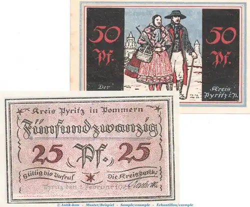 Notgeld Kreisbank Pyritz 1082.1 , Set mit 2 Scheinen in kfr. von 1921 , Pommern Seriennotgeld