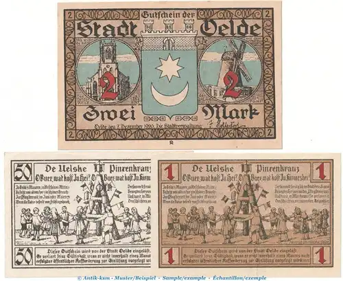 Notgeld Stadt Oelde 1007.1 , Set mit 3 Scheinen in kfr. von 1920 , Westfalen Seriennotgeld