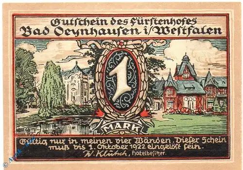 Notgeld Oeynhausen , W. Klütsch , 1 Mark Schein kfr. Mehl Grabowski 1009.2 , von 1922 , Westfalen Seriennotgeld