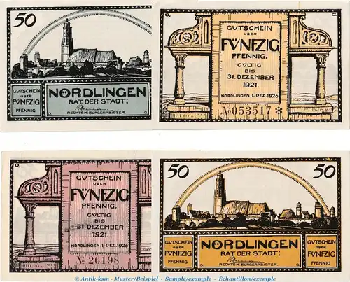 Notgeld Stadt Nördlingen 978.14 , Set mit 4 Scheinen in kfr. von 1920 , Bayern Seriennotgeld