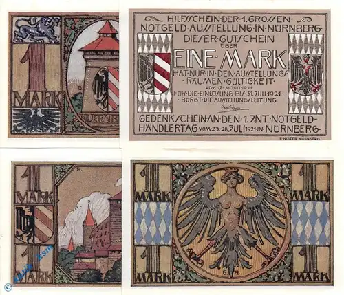 Notgeld Stadt Nürnberg 991.1 , Notgeld Ausstellung Set mit 4 Scheinen in kfr. von 1921 , Bayern Seriennotgeld