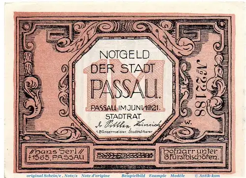 Notgeld Stadt Passau 1051.1 , 1 Mark Schein mit Kn. in kfr. von 1921 , Bayern Seriennotgeld