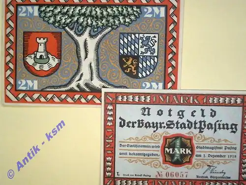 Notgeld Pasing , vollständiger Satz mit 2 Scheinen , Seriennotgeld , Bayern , Mehl Grabowski 1050.2 a , von 1918