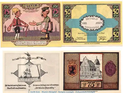 Notgeld Stadt Papenburg 1044.1-2 , Set mit 4 Scheinen in kfr. von 1921 , Niedersachsen Seriennotgeld