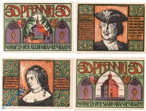 Notgeld Oranienbaum , Set mit 4 x 50 Pfennig , Mehl Grabowski 1024.1 , Sachsen Anhalt Seriennotgeld