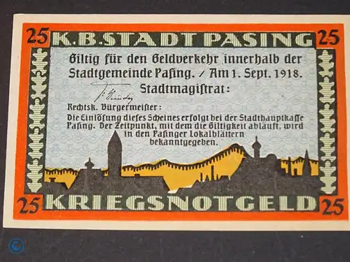 Notgeld Pasing , 25 Pfennig Schein ohne Druckfirma , Mehl Grabowski 1050.1 b , von 1918 , Bayern Seriennotgeld